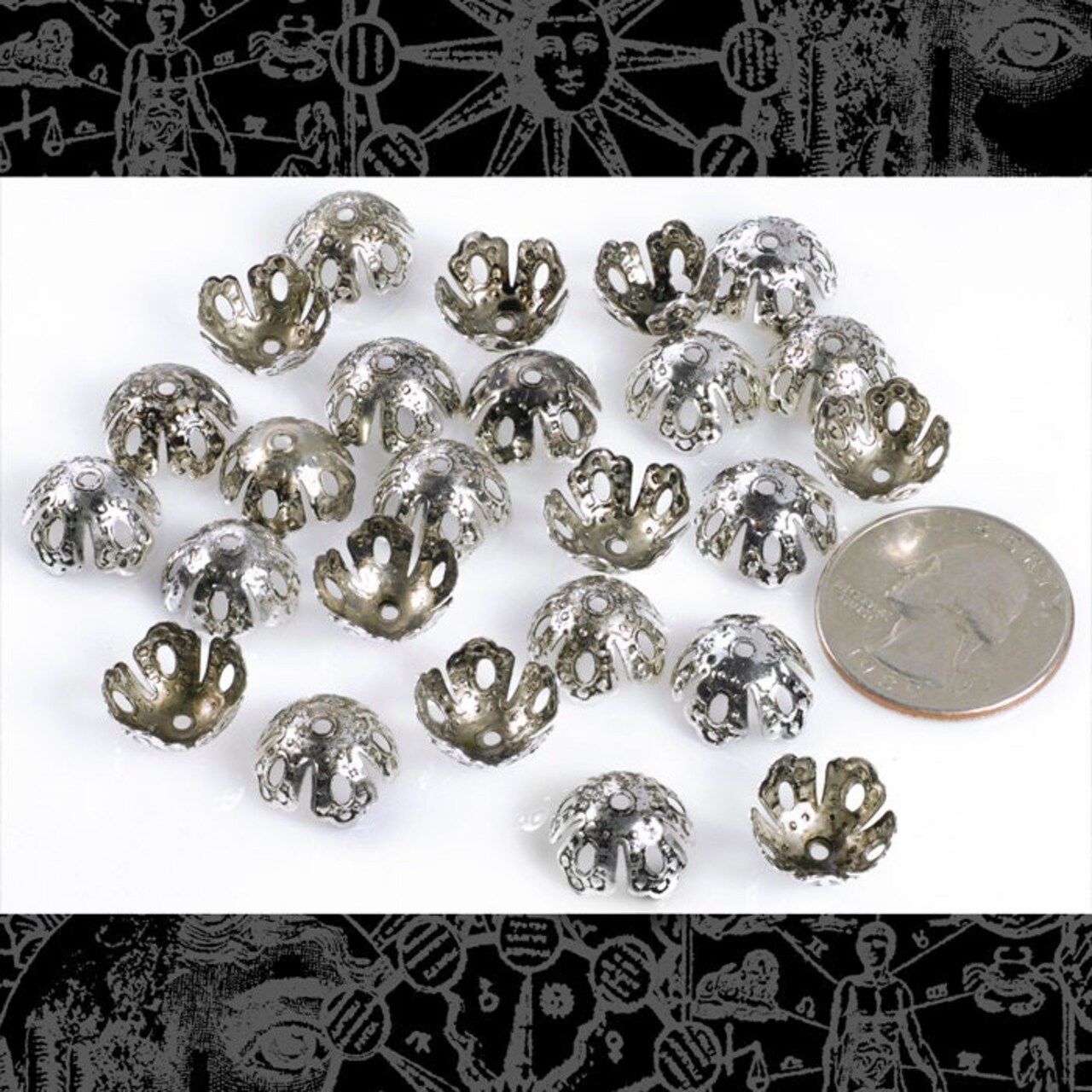 Antiqued Silver Plated Brass Finish 15mm Five Petal Dimpled Open Leaf Bead Caps - Set of Twenty-Four - S-BC19